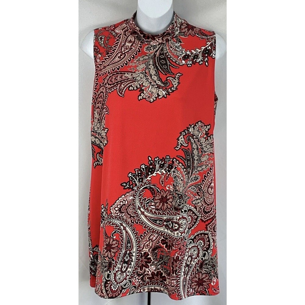 Melissa Paige Sleeveless Mini Sheath Dress M Red Blk Paisley MockNeck Retro 60s